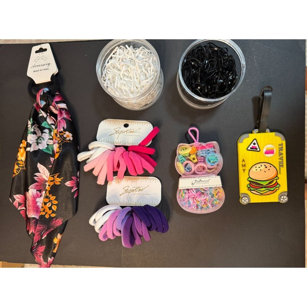 Assorted Hair Accessories Bundle: Hair Ties 500 Pcs Black & White 16 Pcs Pink/Wh